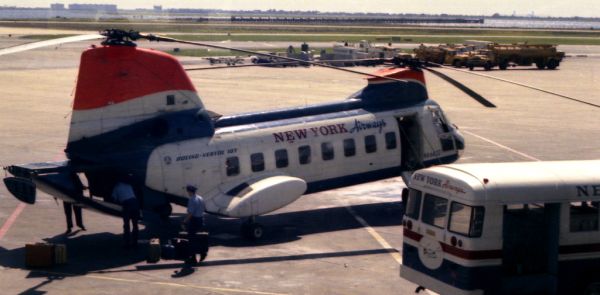 New York Airways helicopter at JFK airport in 1967 after flying from the top of the Pan-Am building in downtown New York City --- another view