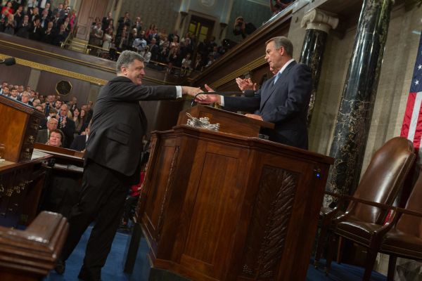 His Excellency Petro Poroshenko, President of Ukraine, greets Speaker John Boehner before addressing a joint meeting of Congress.